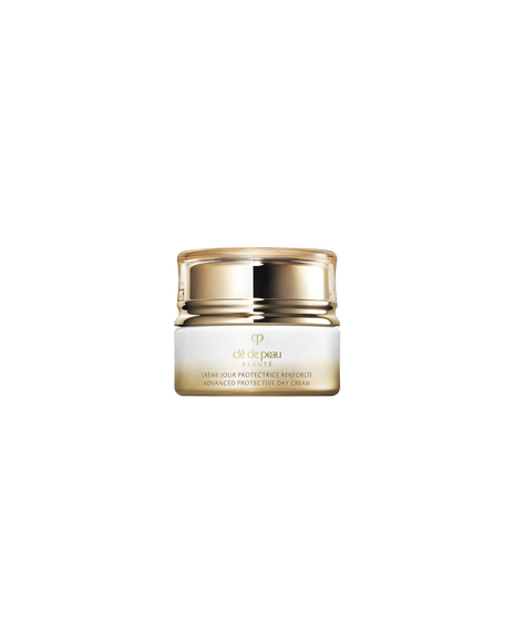 Photo of ADVANCED PROTECTIVE DAY CREAM in a pearlescent white-and-gold jar with a rounded, translucent gold lid. SIZE：12mL